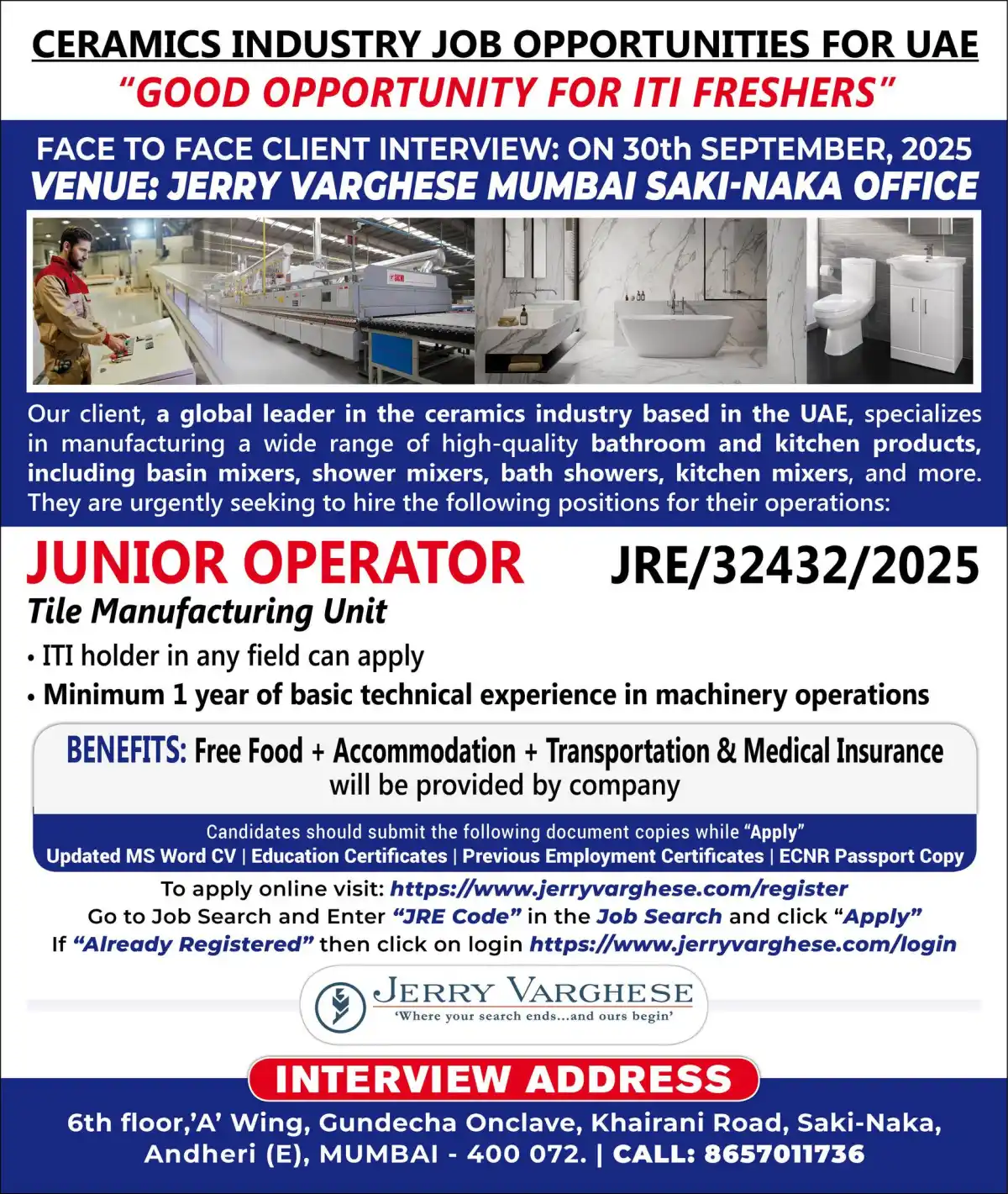 UAE Ceramics Jobs for ITI Freshers