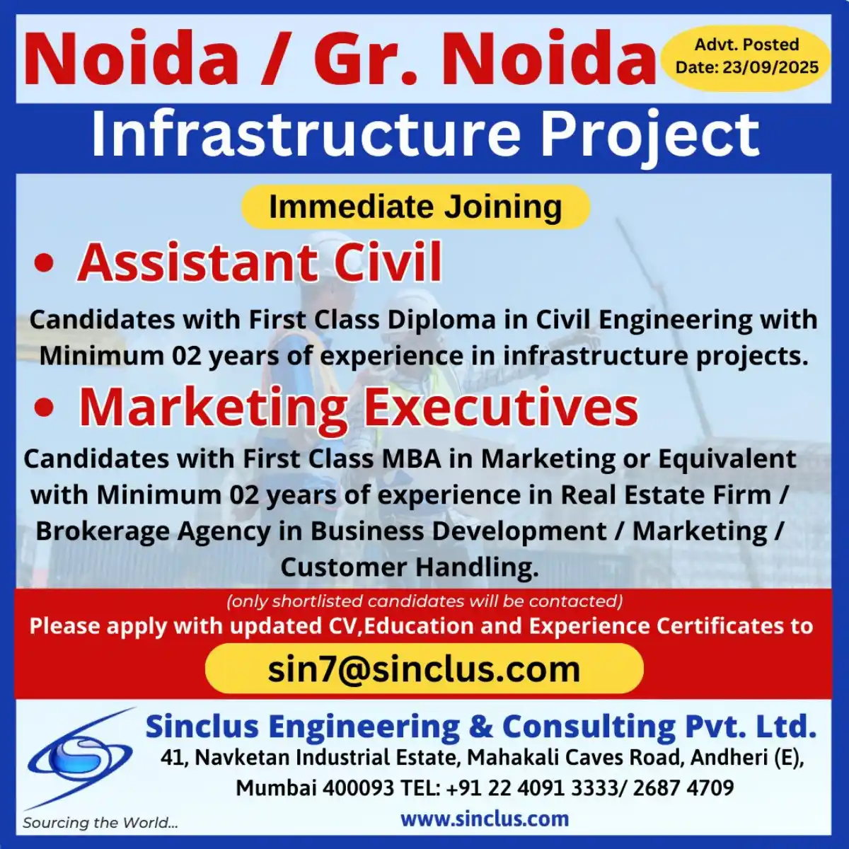 Assistant Civil & Marketing Jobs Noida