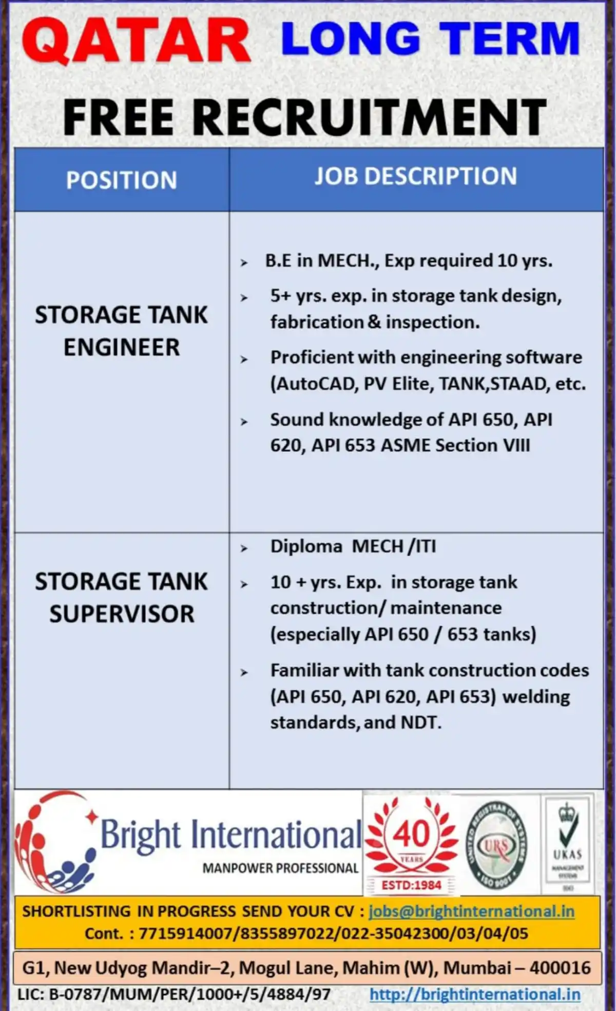 Qatar Storage Tank Jobs