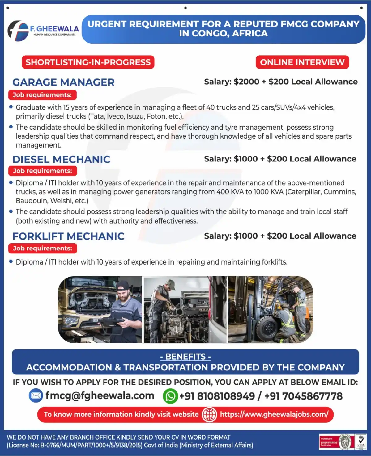 FMCG Jobs Congo – Garage Manager & Mechanics
