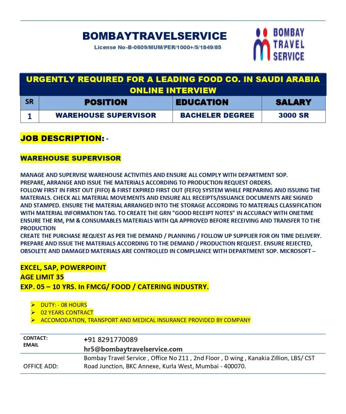 Warehouse Supervisor Job