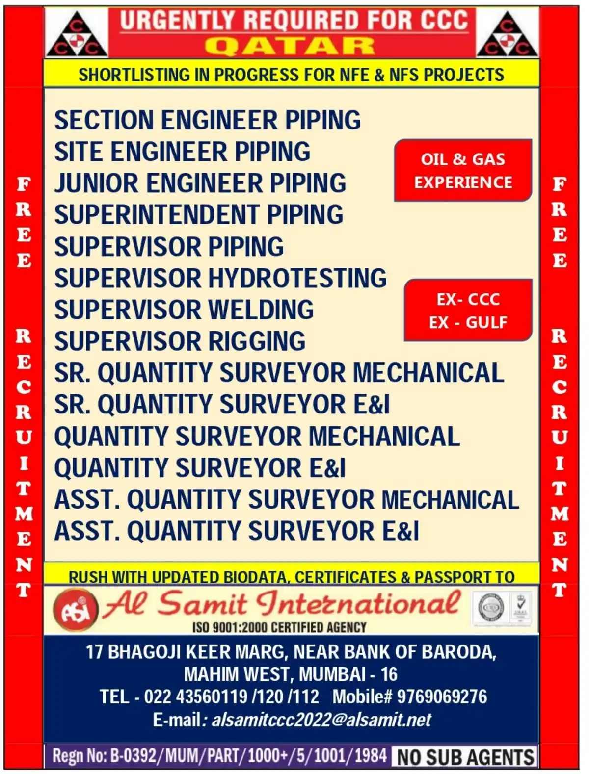 Piping and QS Jobs Qatar
