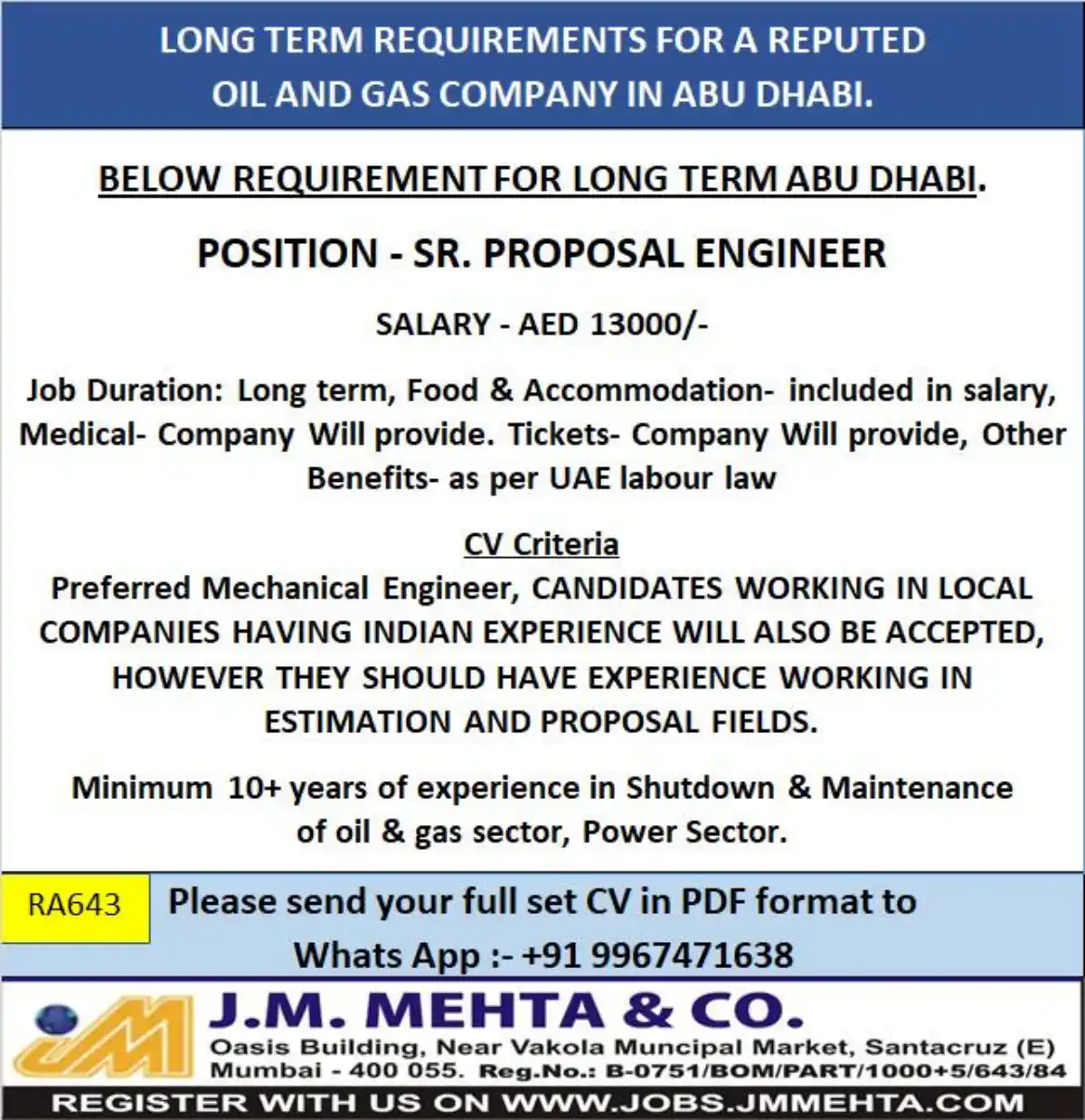 Sr. Proposal Engineer – Abu Dhabi