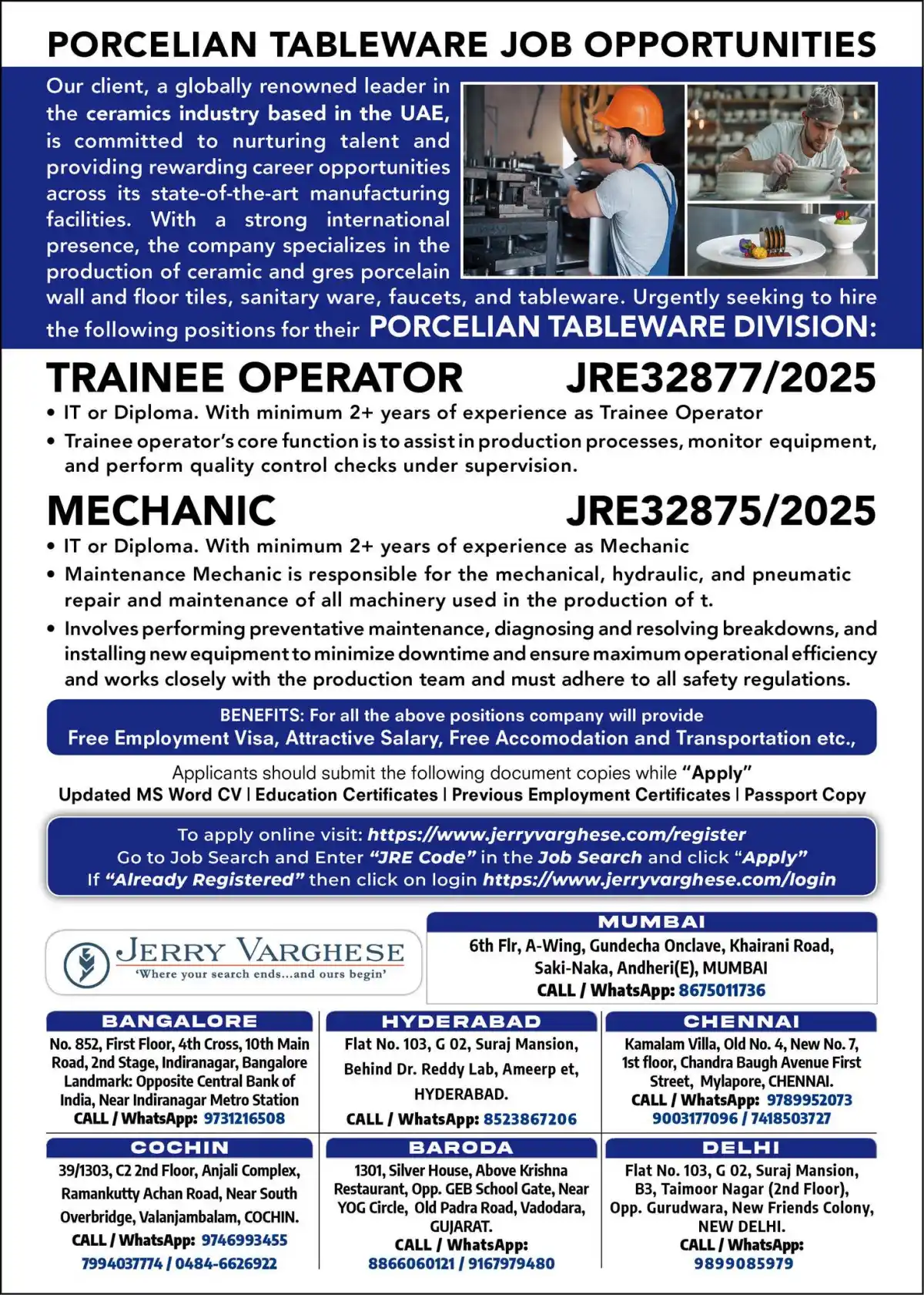 Porcelain Tableware Jobs UAE