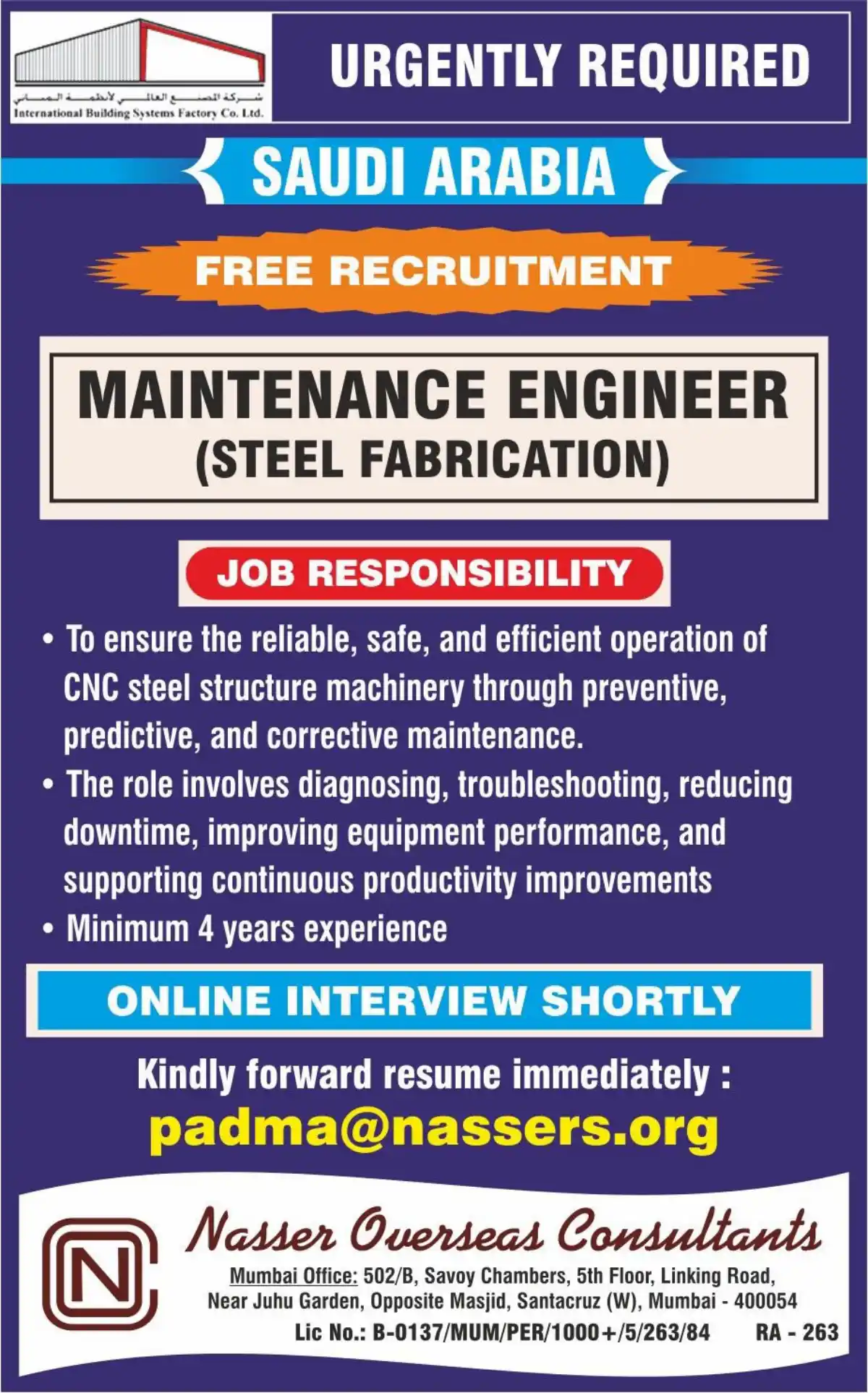 Maintenance Engineer – Steel Fabrication
