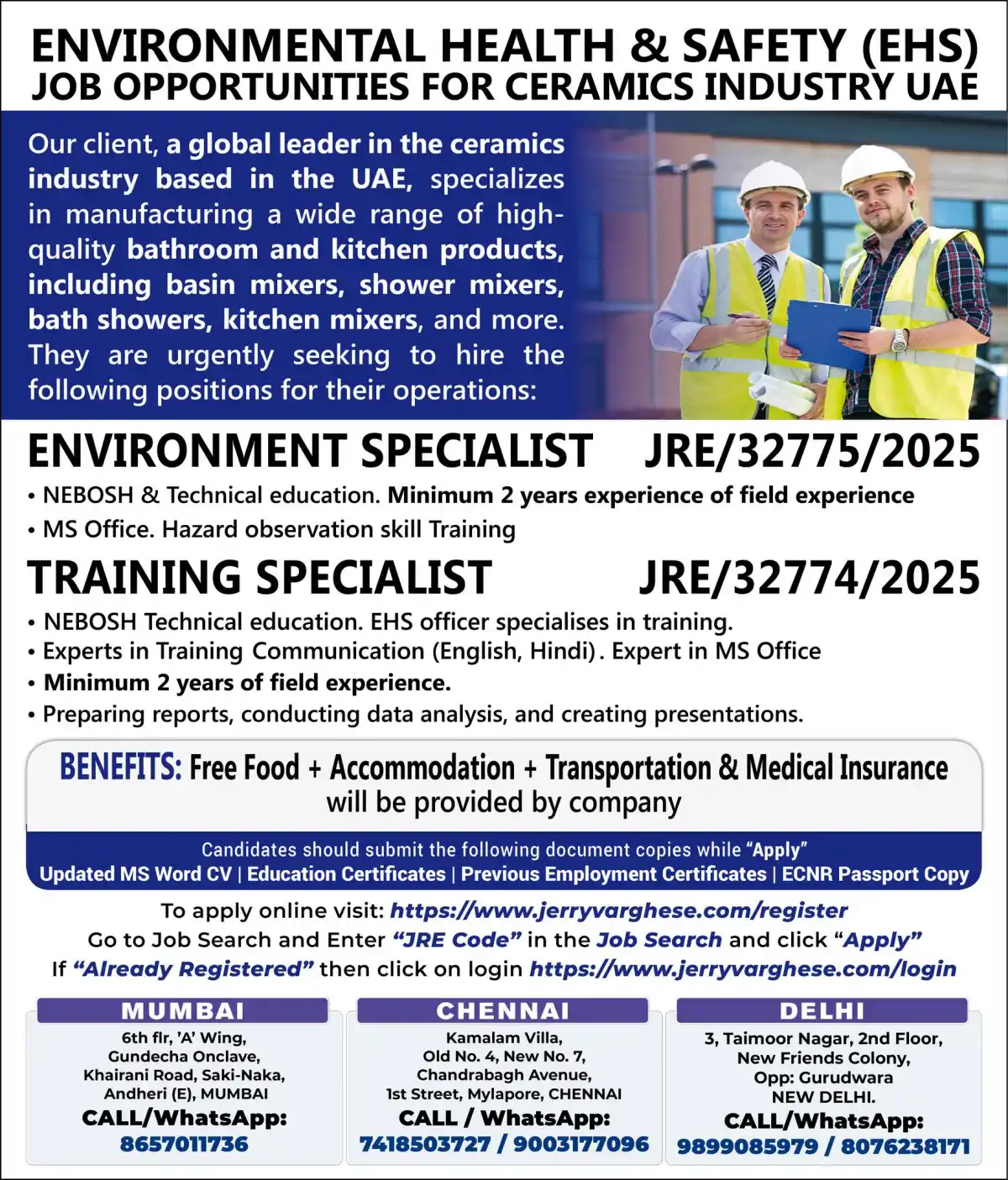 EHS Jobs UAE Ceramics Industry