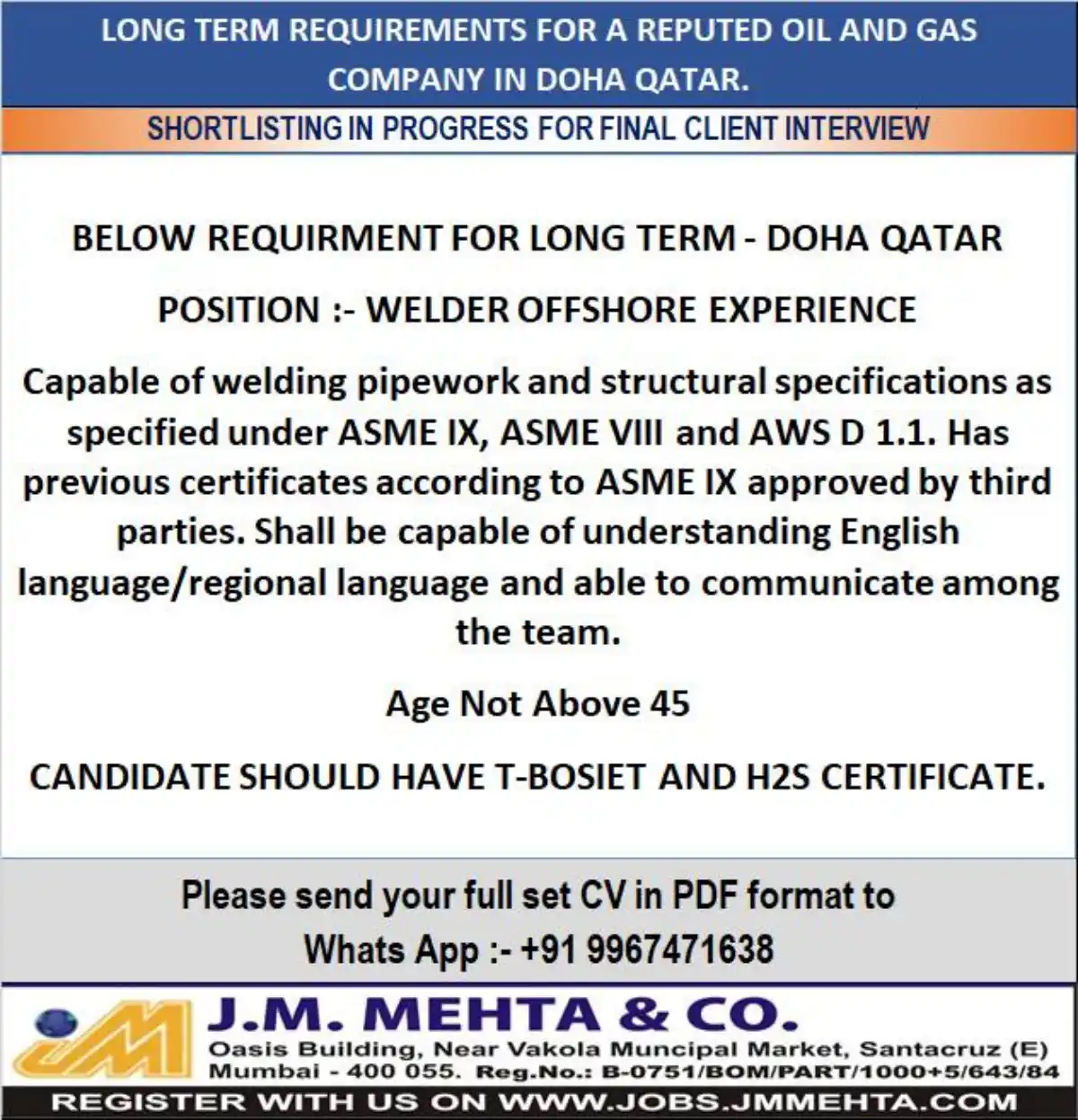 Welder Offshore Job Qatar