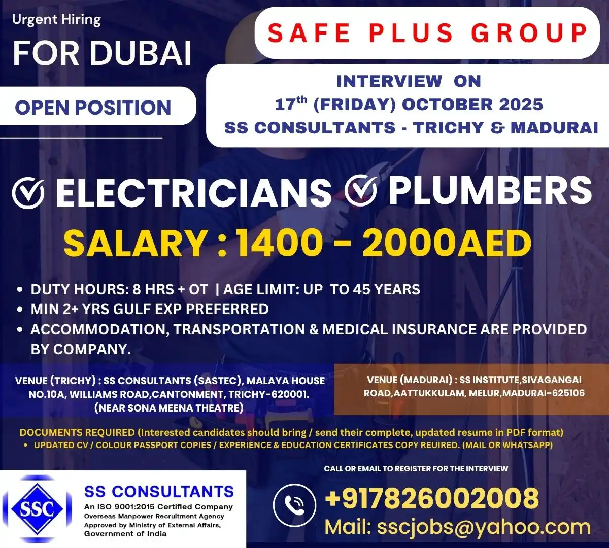 Dubai Jobs: Electricians & Plumbers