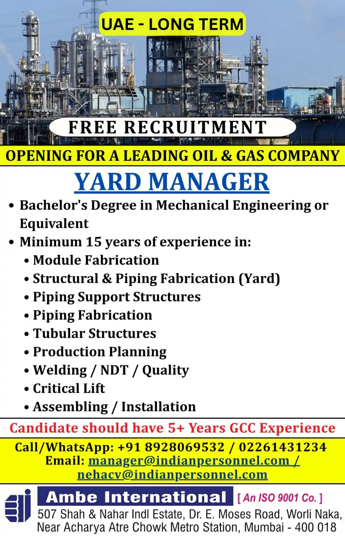 Yard Manager Job UAE Oil Gas