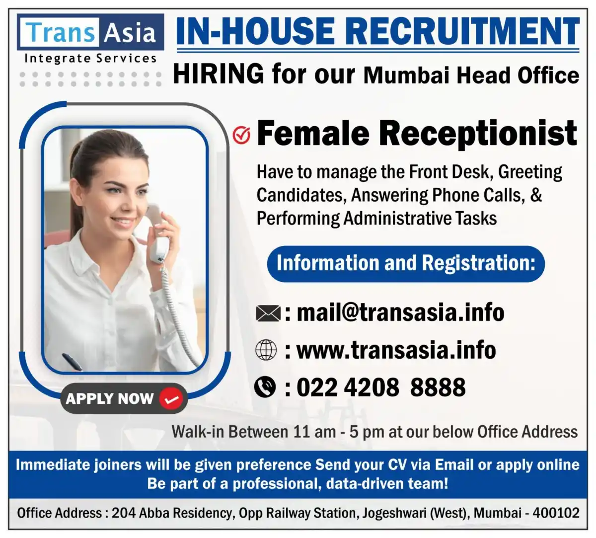 Female Receptionist Vacancy