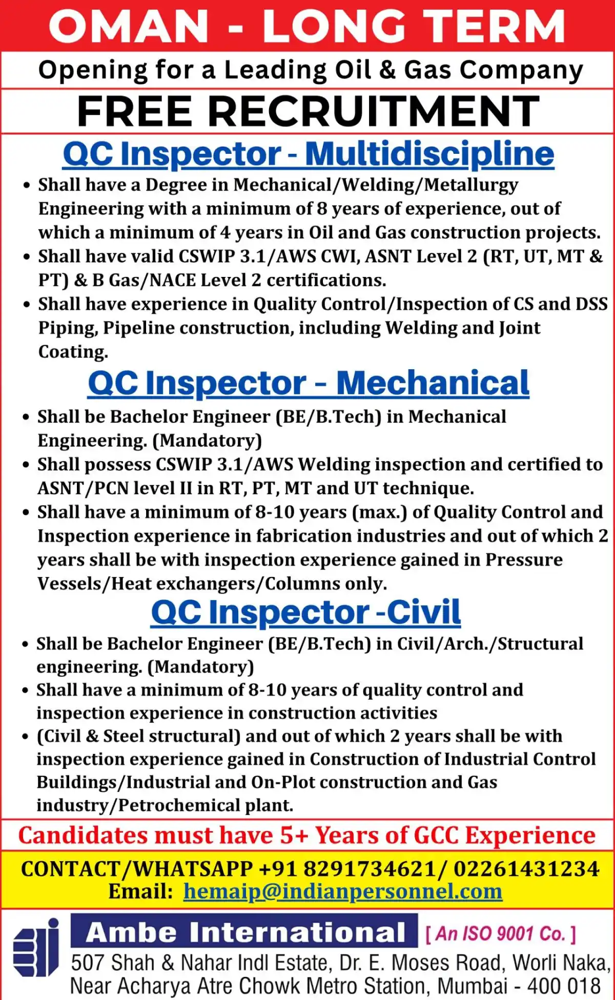 QC Inspector Jobs Oman