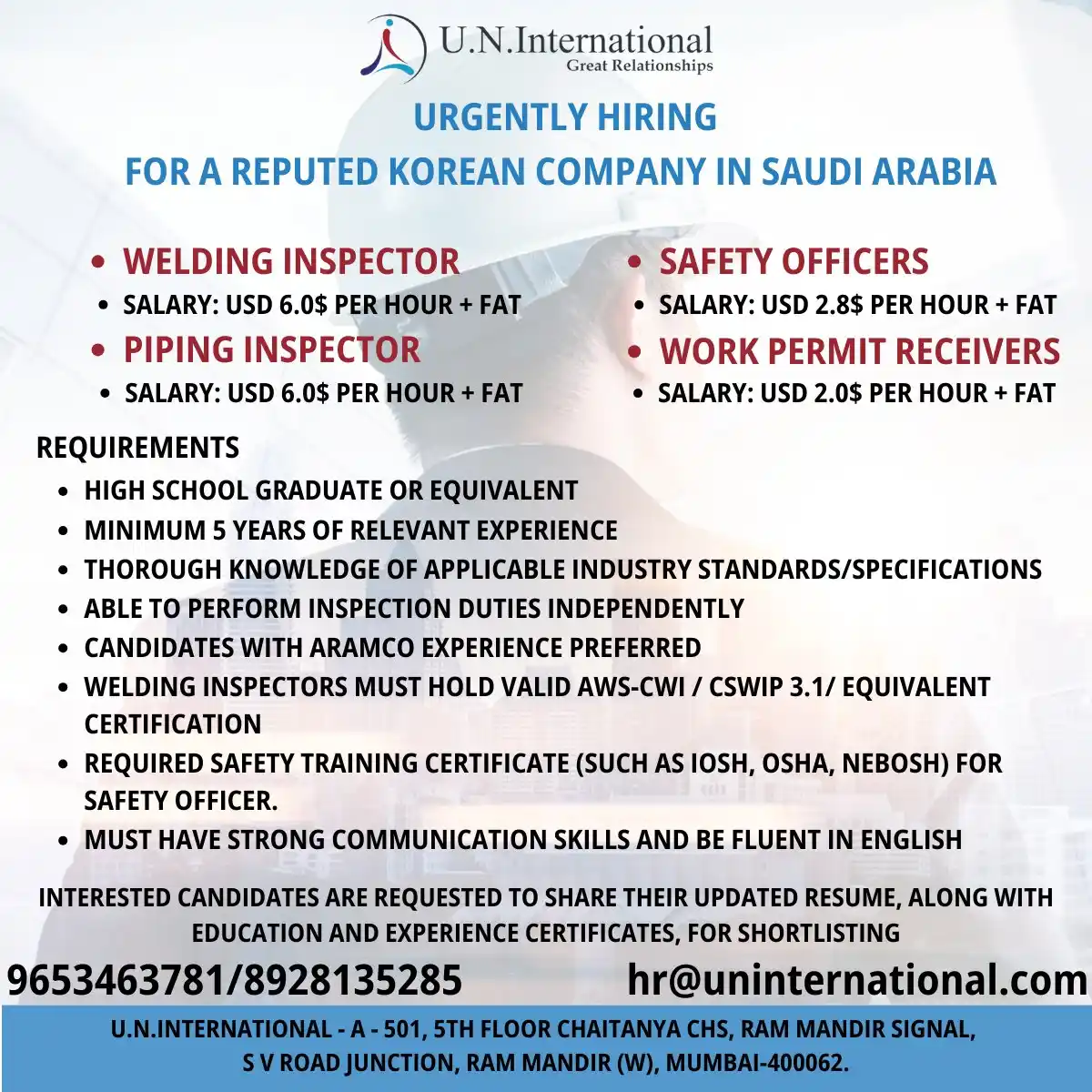 Hiring Inspectors Saudi Arabia