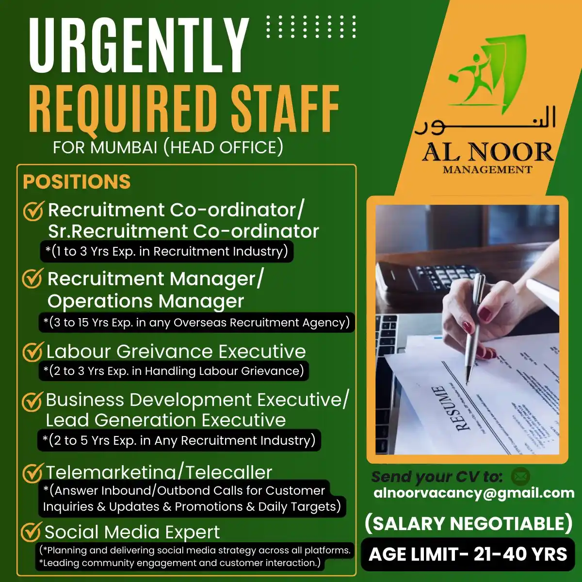 Urgent Hiring – Al Noor Mumbai