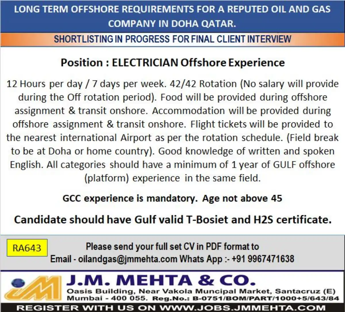 Offshore Electrician – Qatar