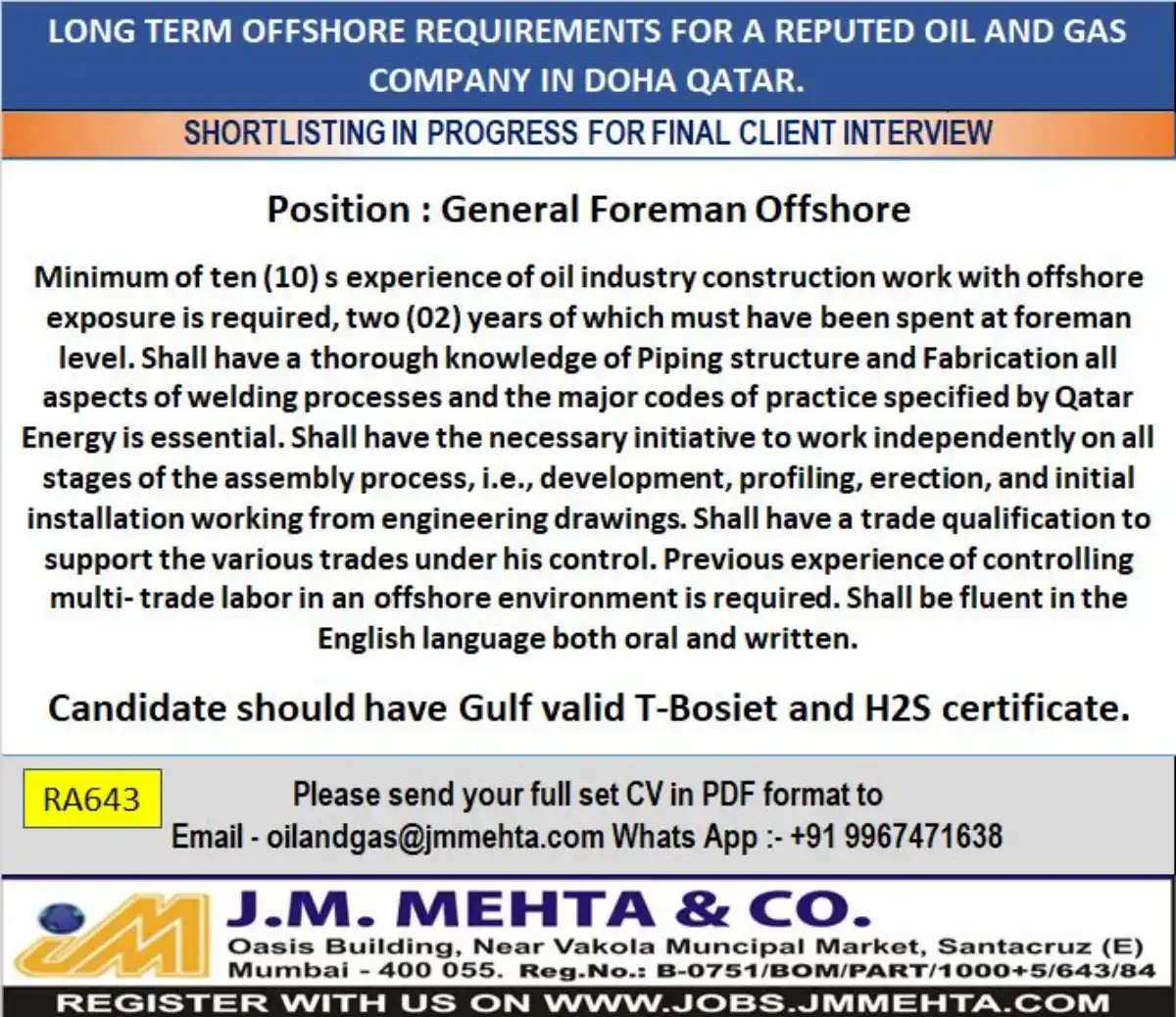 General Foreman Offshore – Qatar