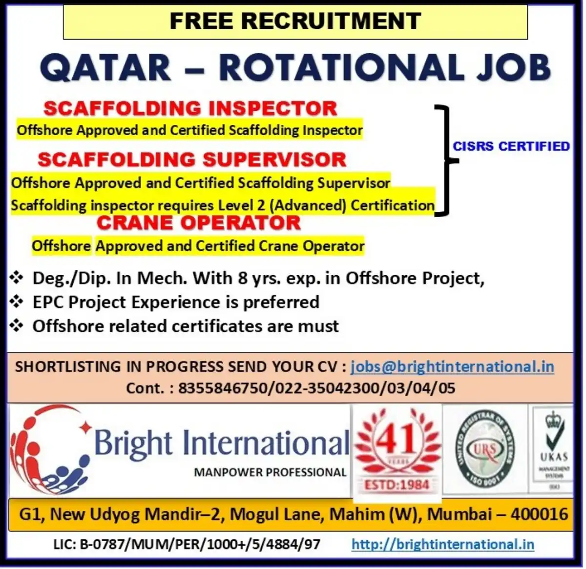 Qatar Scaffolding and Crane Jobs