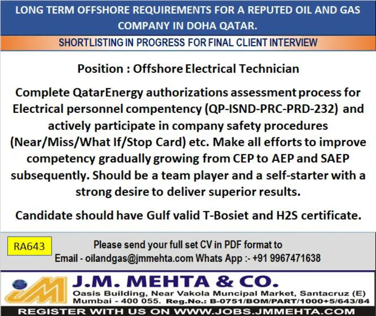 Offshore Electrical Tech Job Qatar