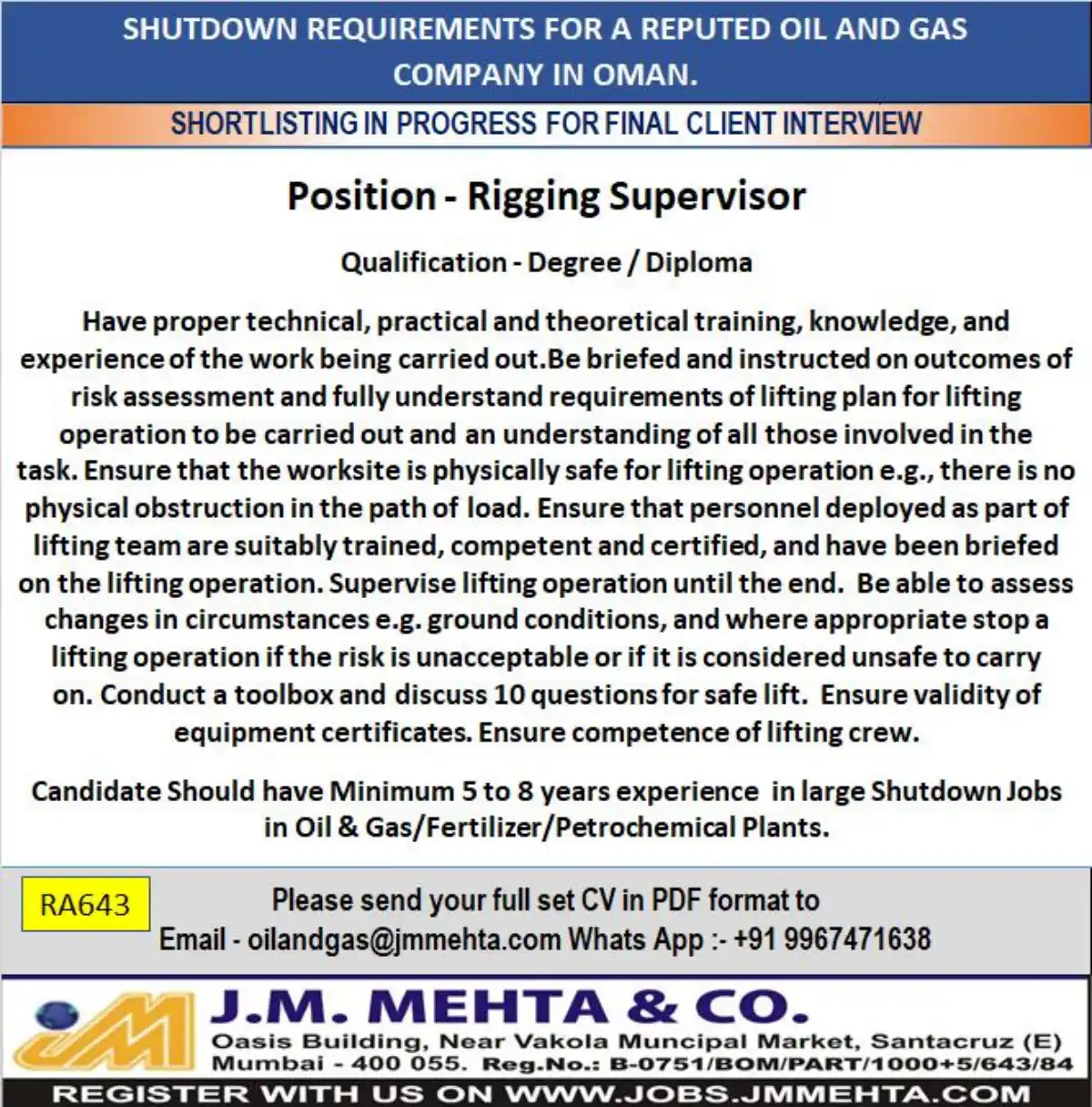 Rigging Supervisor – Oman