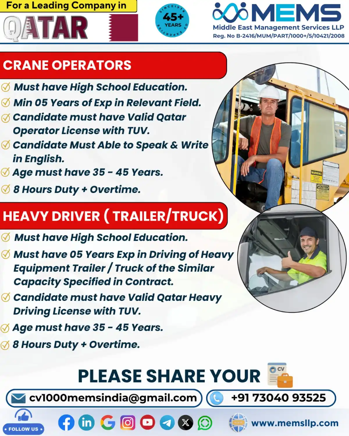 Crane Operators & Heavy Drivers Qatar Jobs