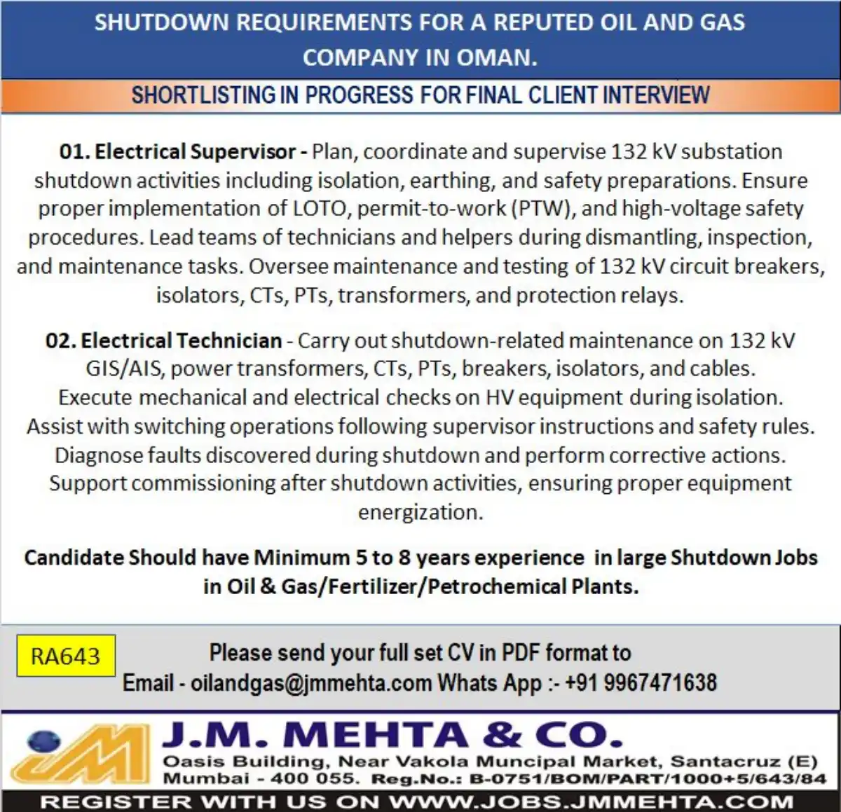 Electrical Jobs Oman Shutdown