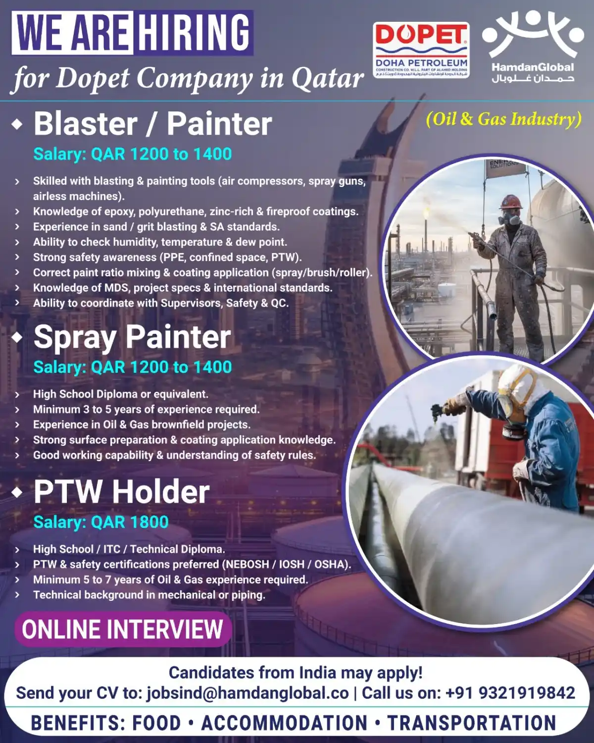 Hiring: Blaster, Painter, PTW Holder in Qatar
