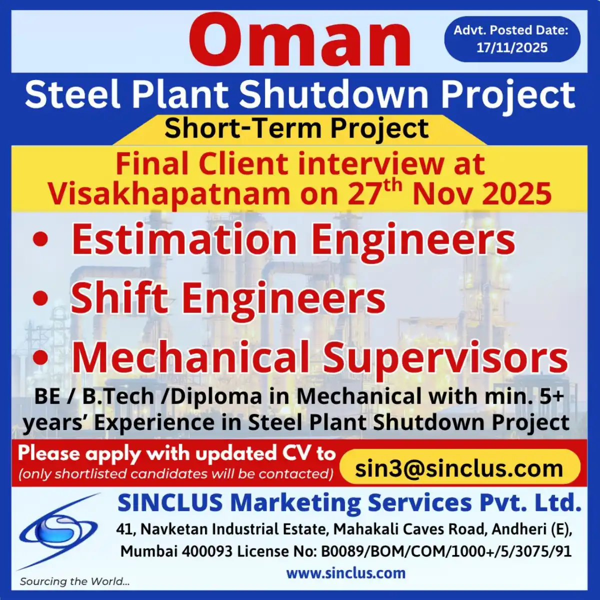 Steel Plant Shutdown Jobs Oman