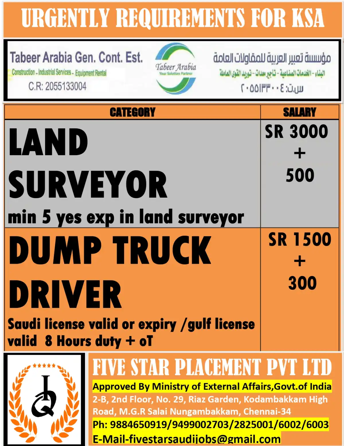 Urgent Jobs in KSA: Surveyor & Driver