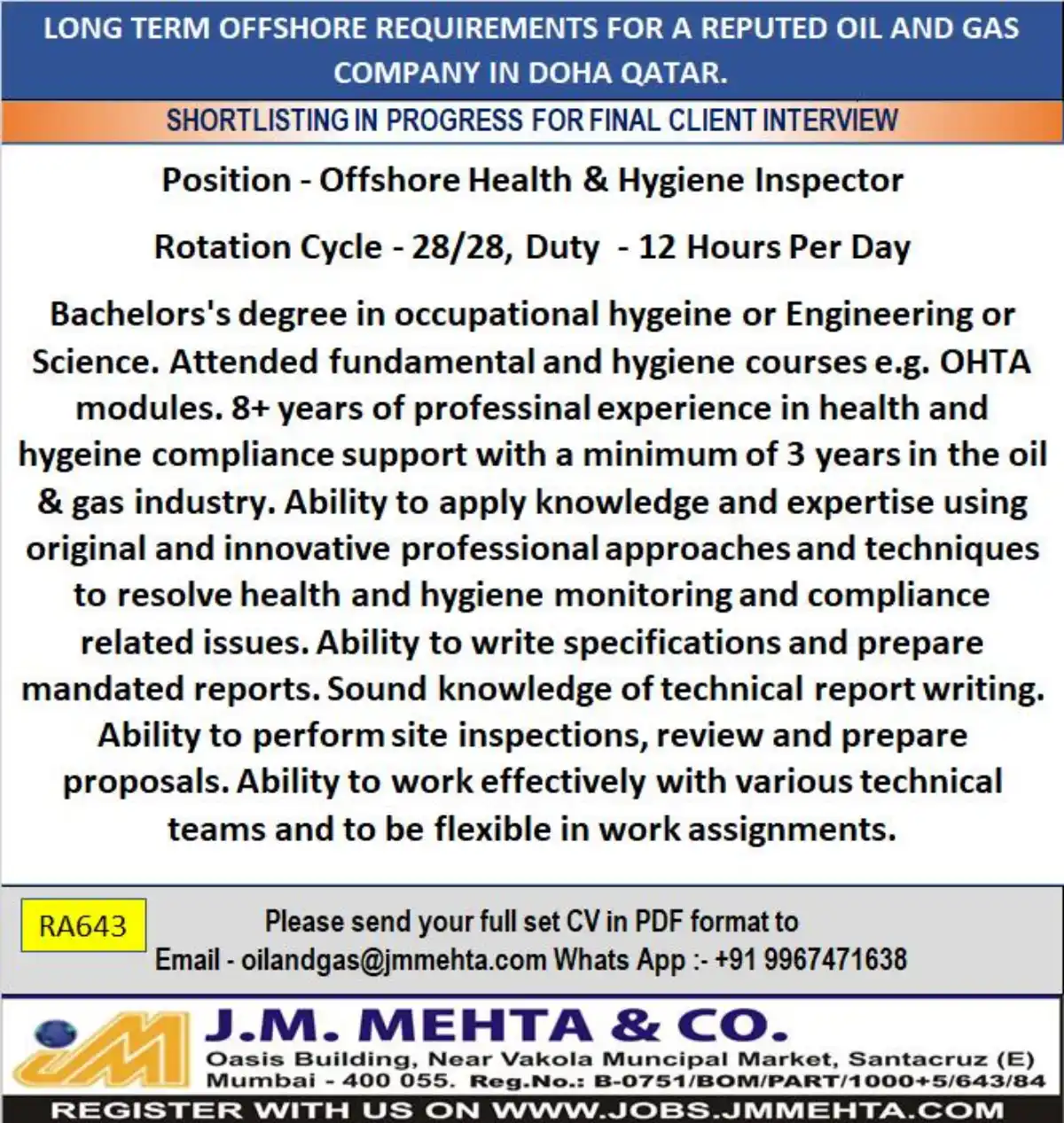 Health & Hygiene Inspector Job Qatar