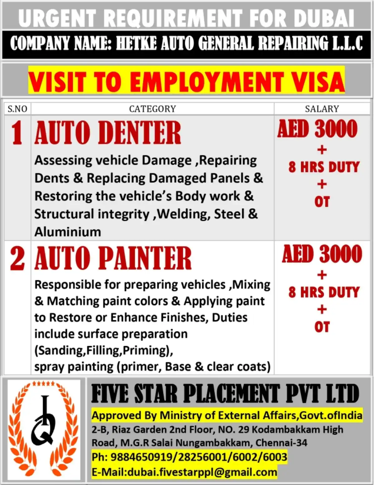 Auto Jobs Dubai – Denter & Painter