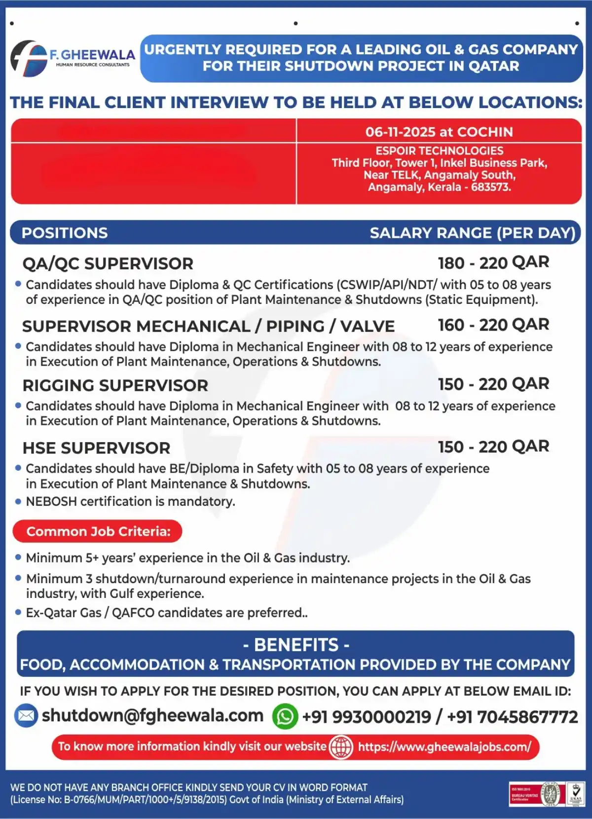 Supervisor Jobs Qatar Shutdown