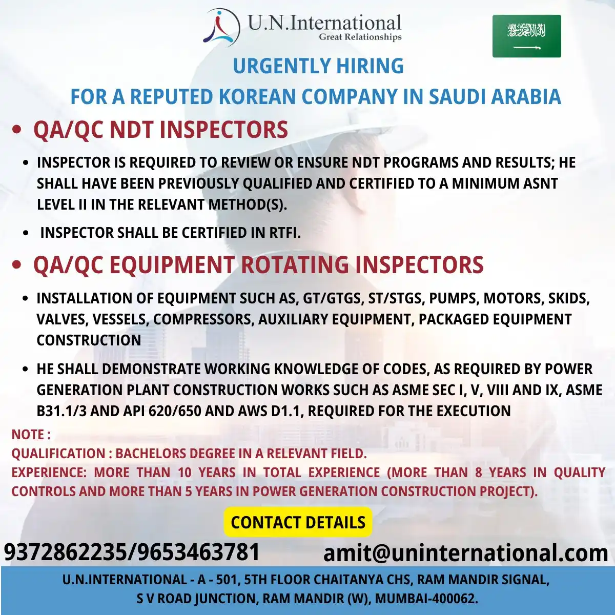 QA/QC Inspector Jobs in Saudi Arabia