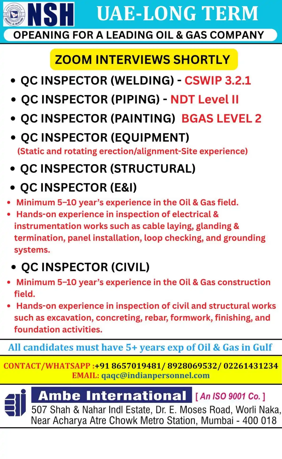 QC Inspector Jobs in UAE