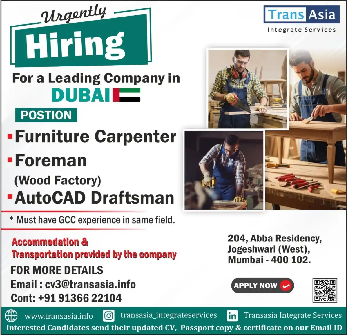 Hiring: Carpenter, Foreman, Draftsman in Dubai