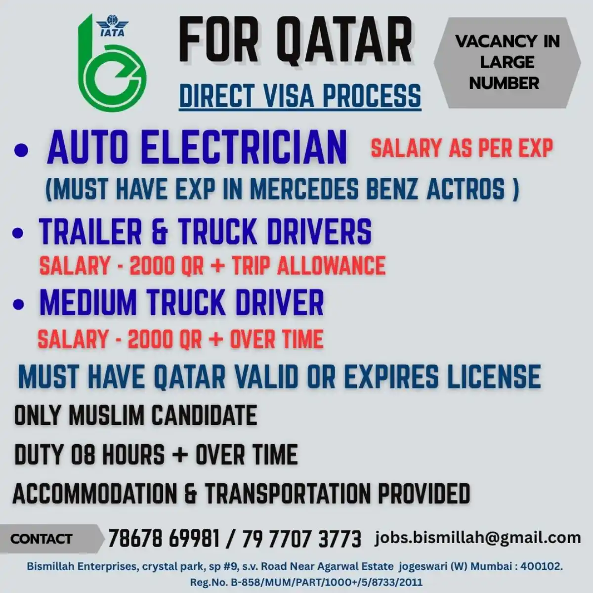 Qatar Jobs: Auto Electrician & Drivers