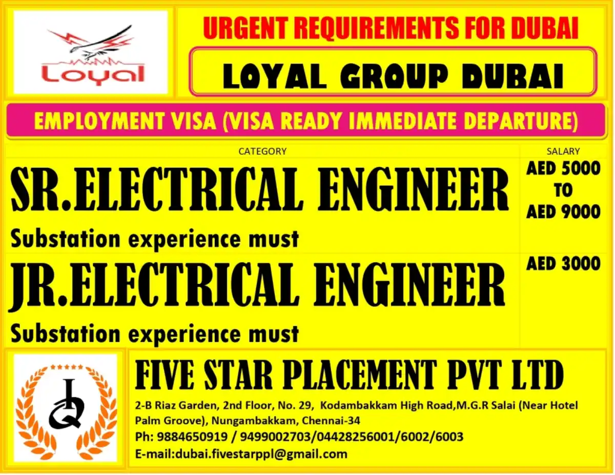 Urgent Electrical Engineer Jobs – Dubai (Substation Experience)