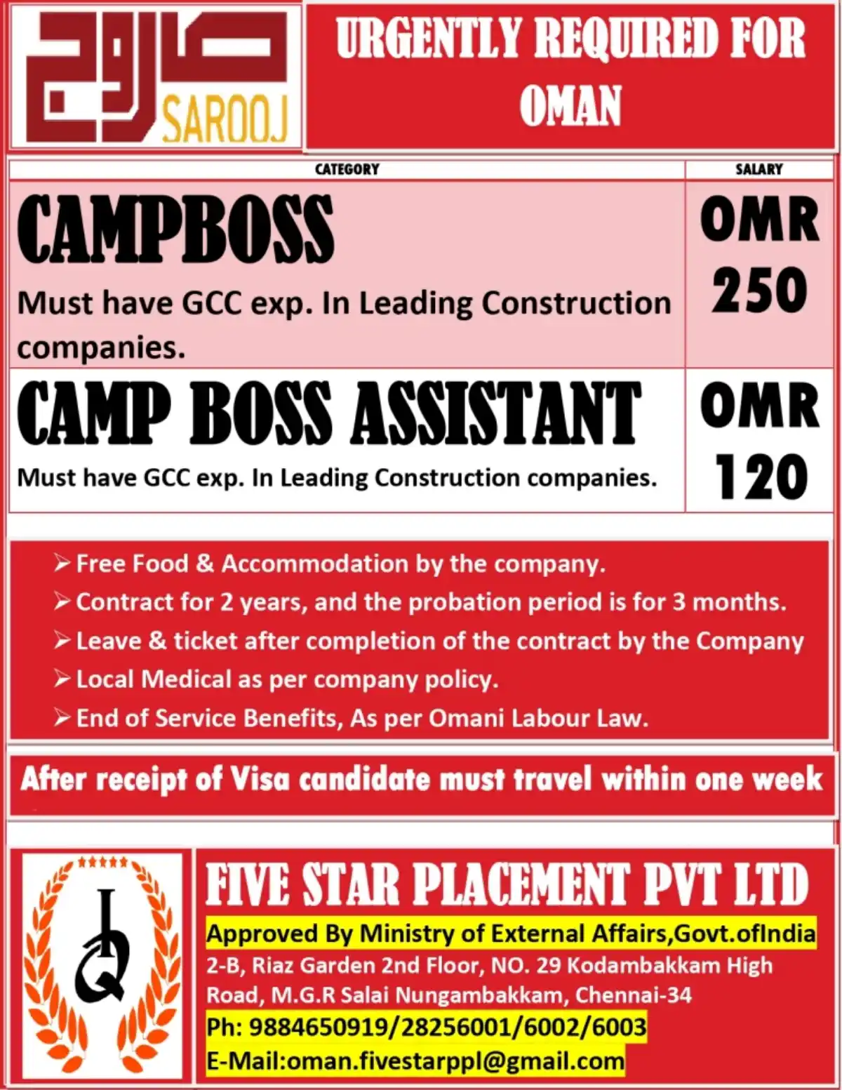 Camp Boss Jobs in Oman – Urgent Hiring
