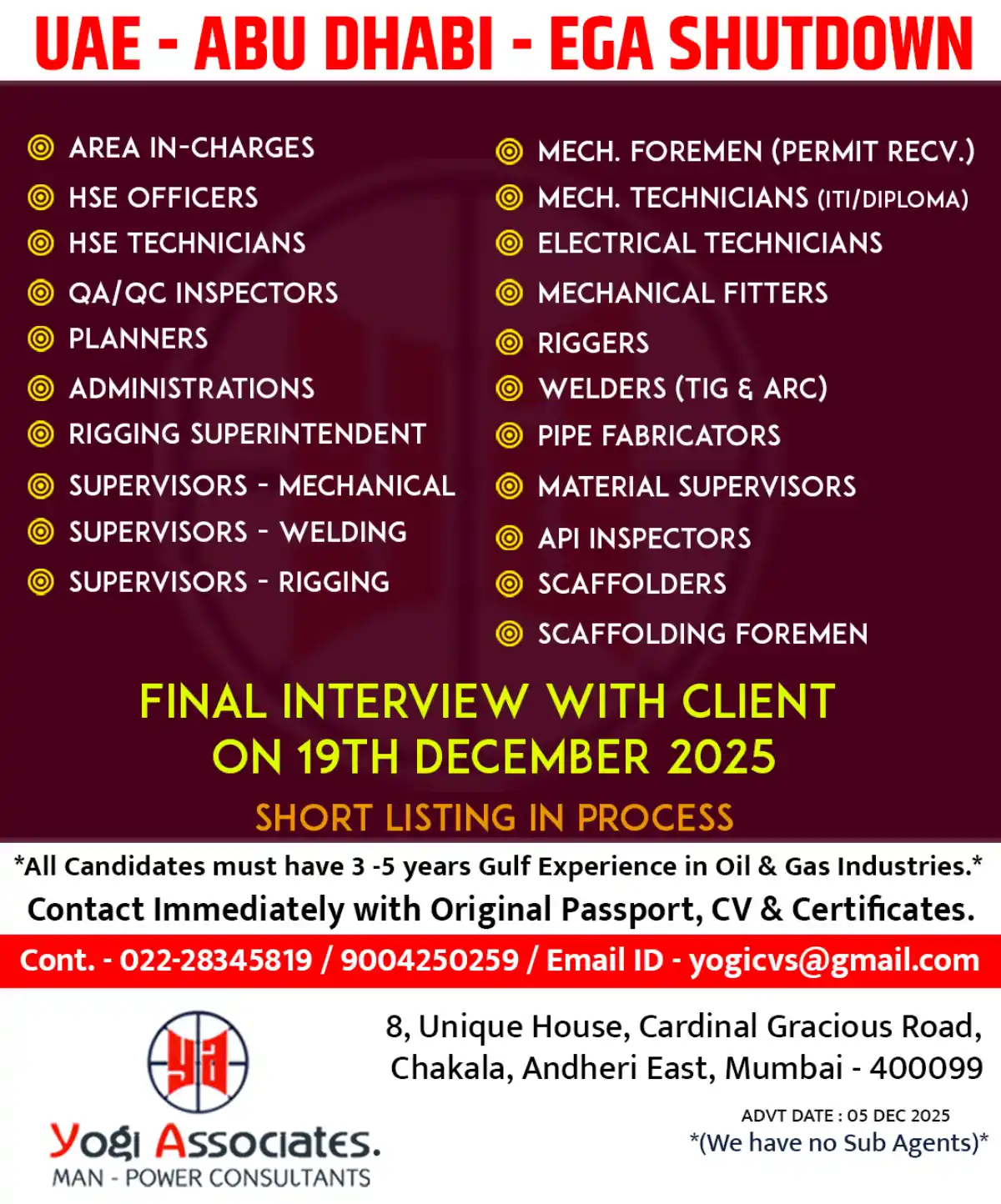 EGA Shutdown Jobs Abu Dhabi 2025