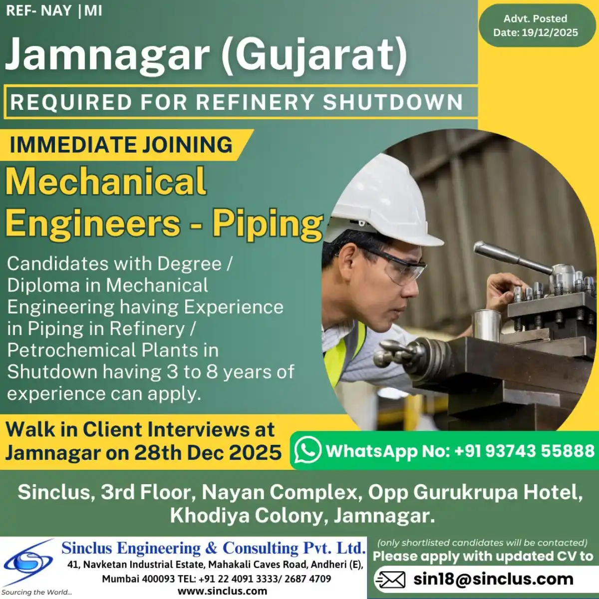 Piping Engineer – Refinery Shutdown, Jamnagar