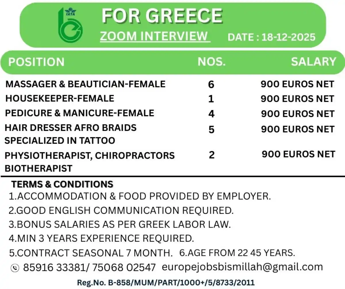 Job Vacancies in Greece – Massager, Beautician, Housekeeper & More