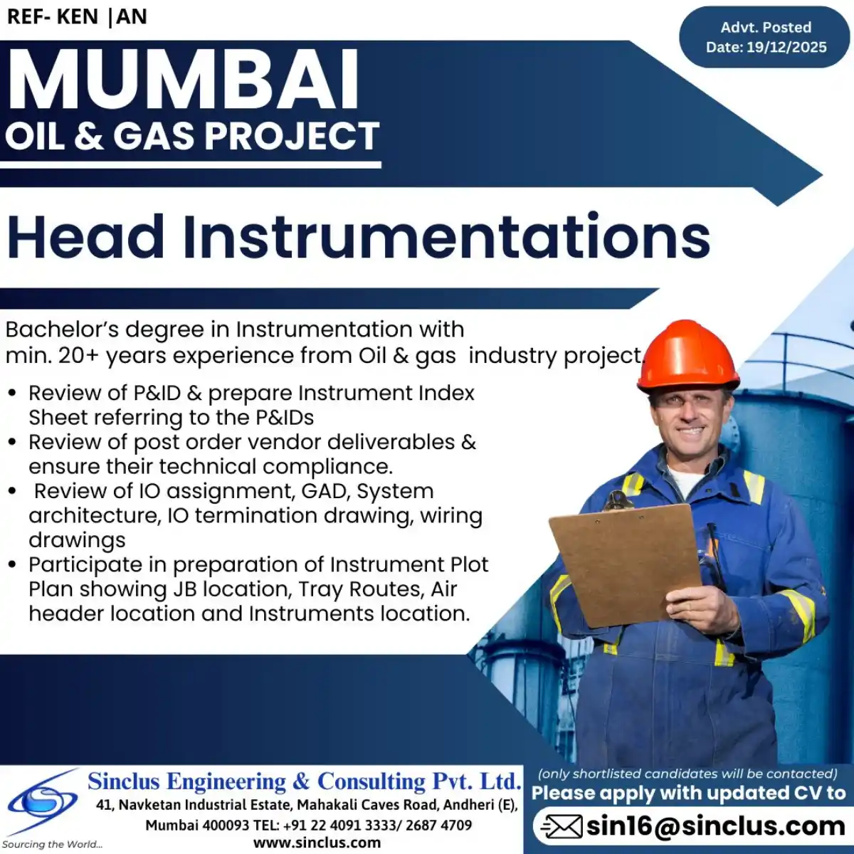 Head Instrumentation – Oil & Gas Project Mumbai