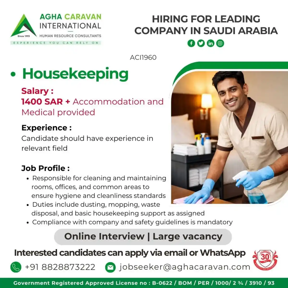 Housekeeping Jobs: Saudi Arabia (1400 SAR + Accommodation)