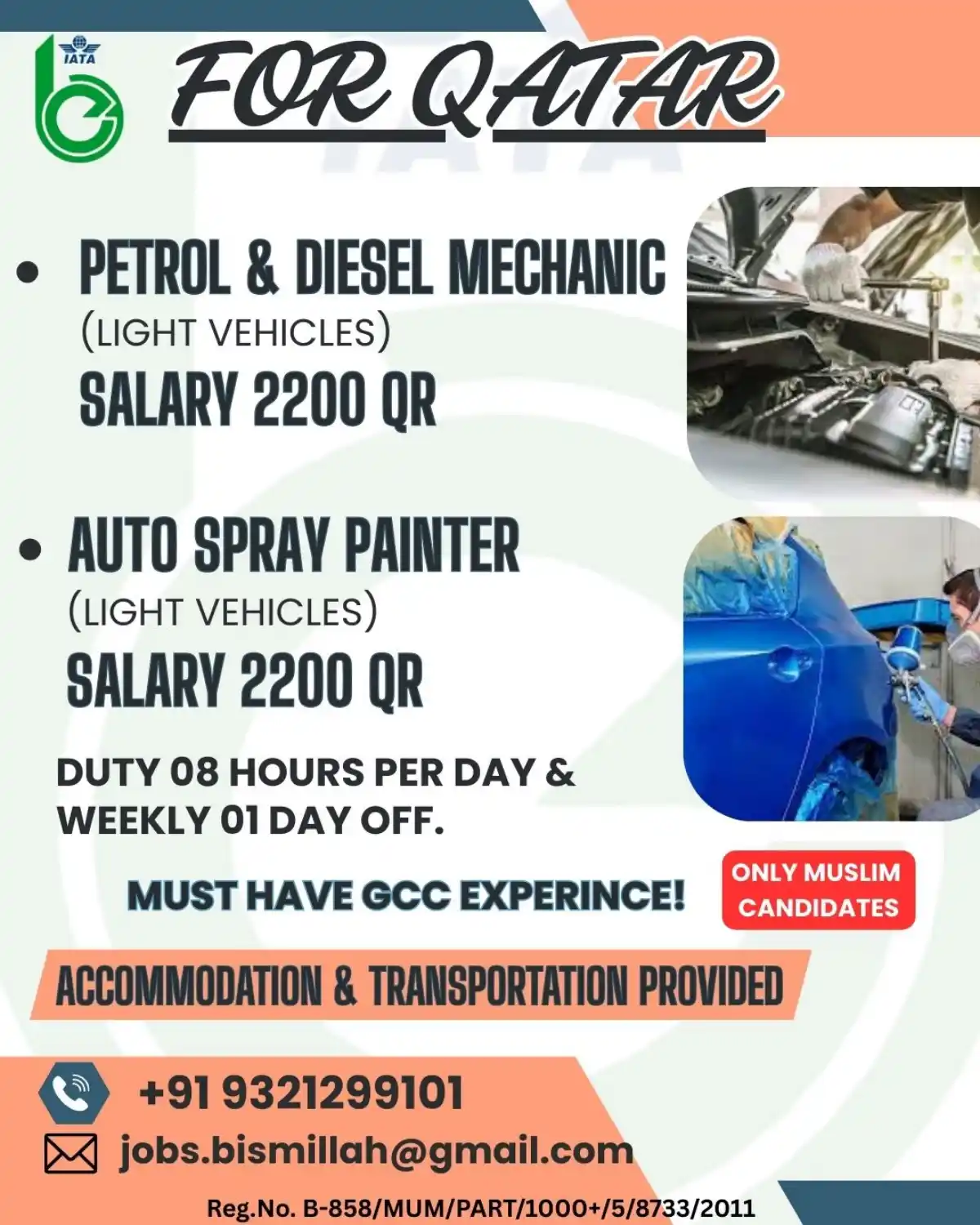 Mechanic & Painter Jobs in Qatar – 2200 QR Salary