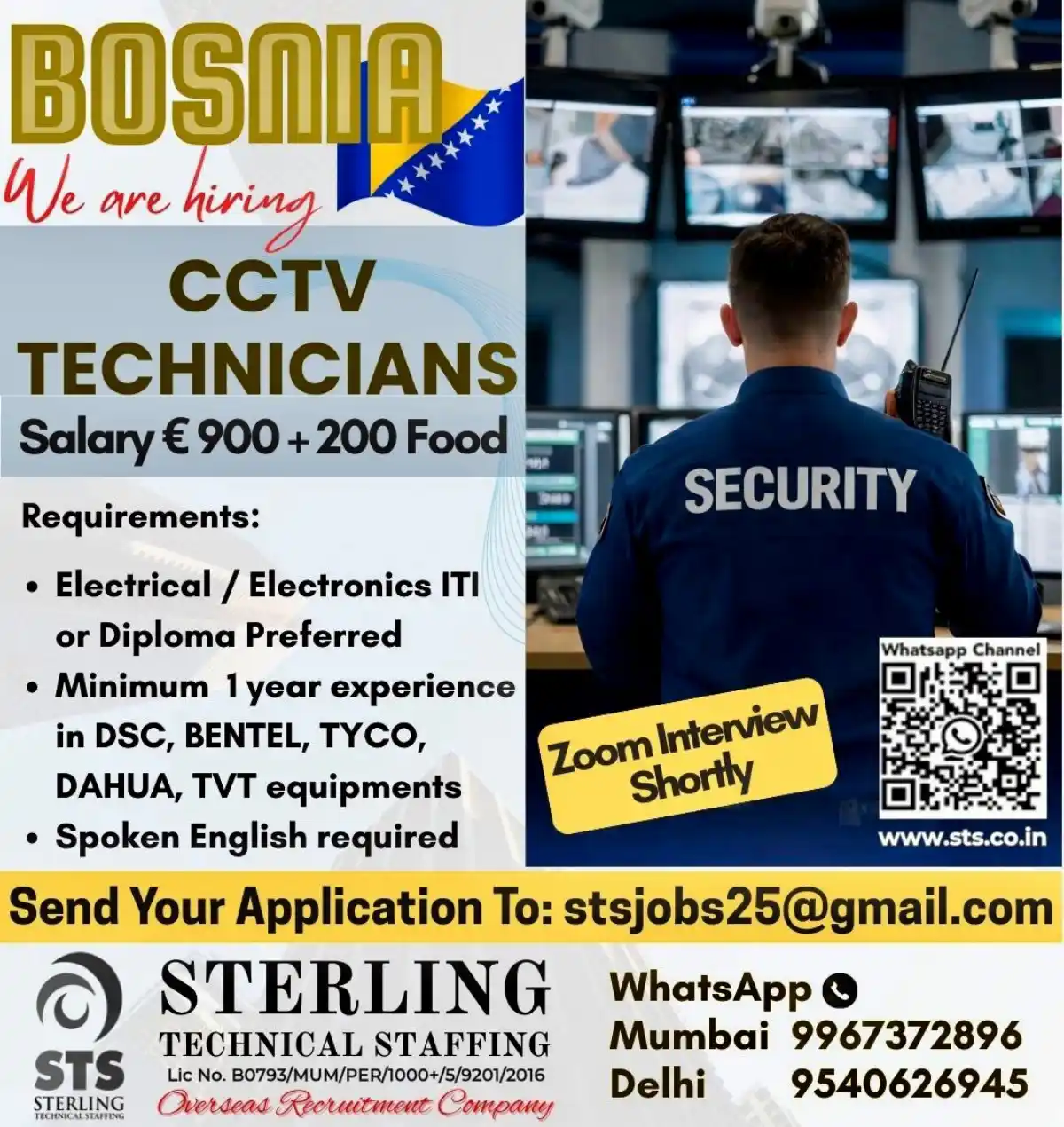 Hiring: CCTV Tech for Bosnia (€900+€200)