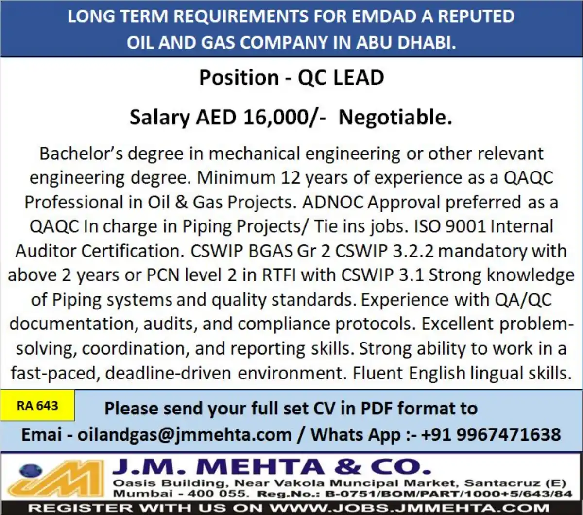 QC Lead – Abu Dhabi (Oil & Gas)