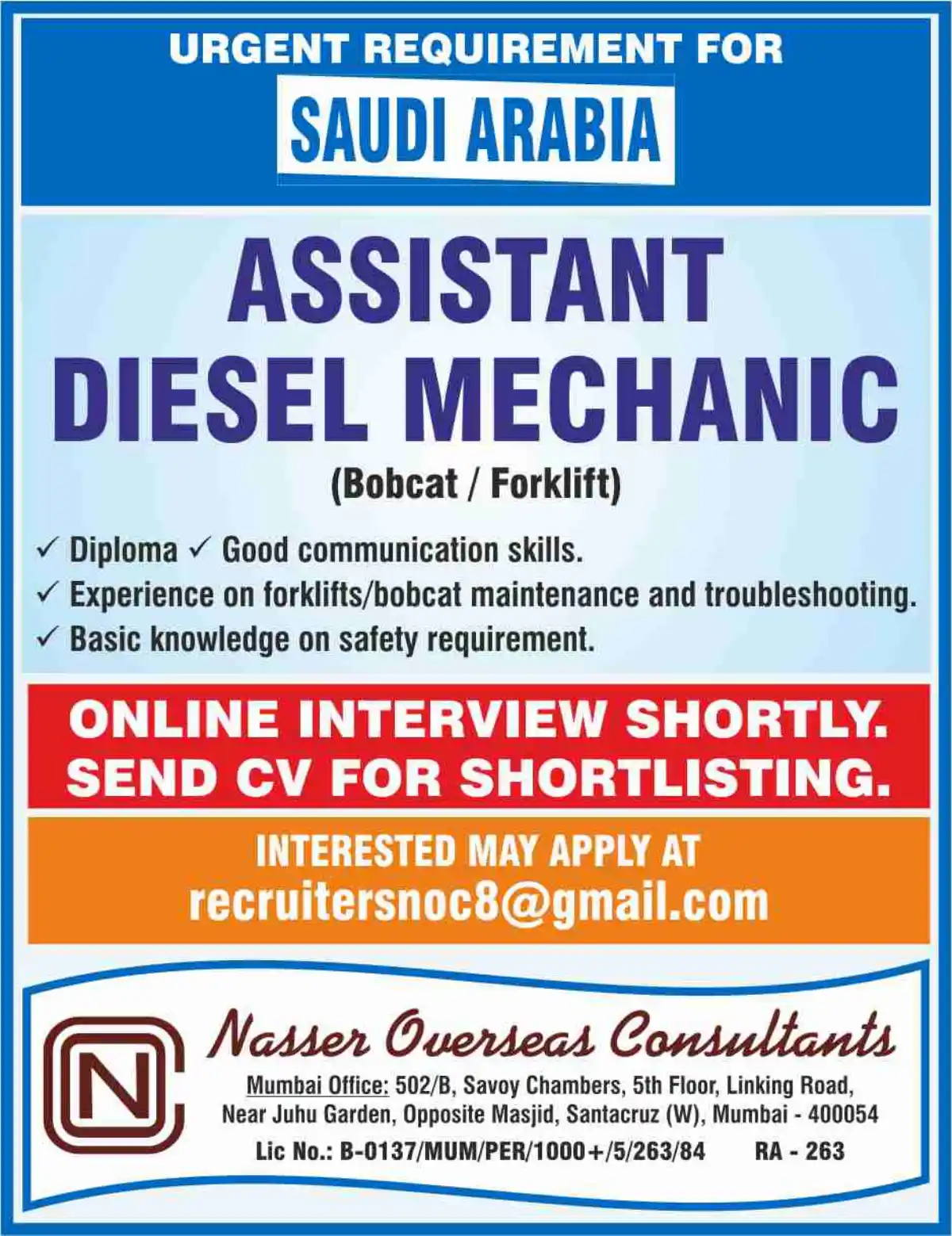 Assistant Diesel Mechanic – Saudi Arabia