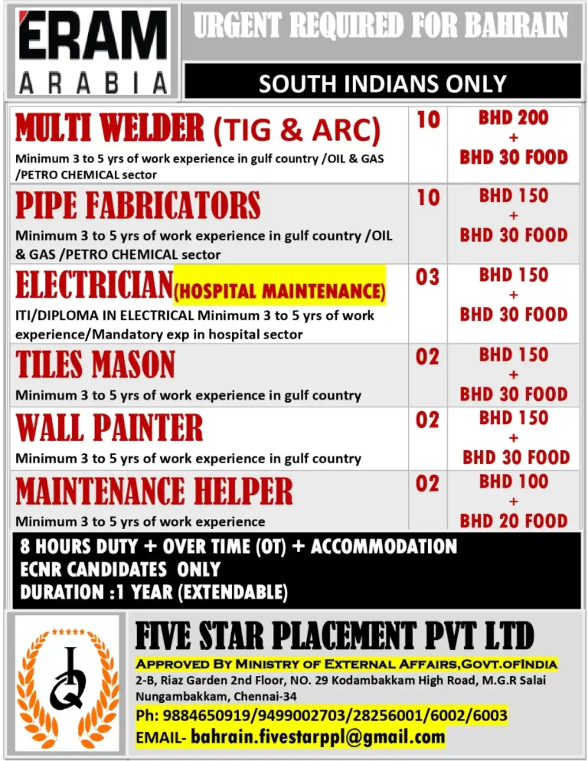 Bahrain Jobs for South Indians