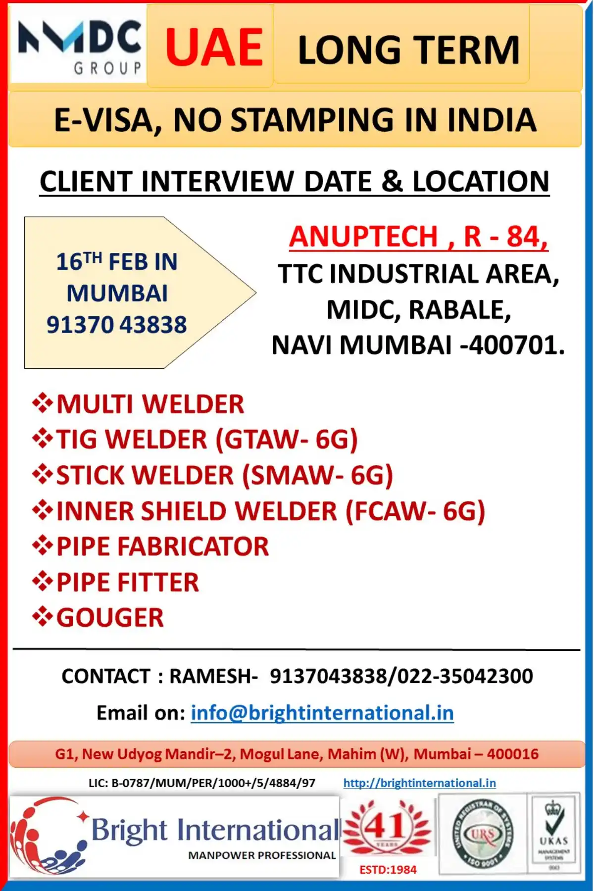 UAE Welder Jobs – Interview 16th Feb Mumbai