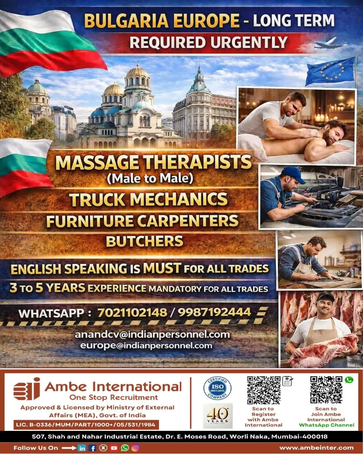 Urgent Jobs in Bulgaria – Massage Therapists, Mechanics, Carpenters, Butchers