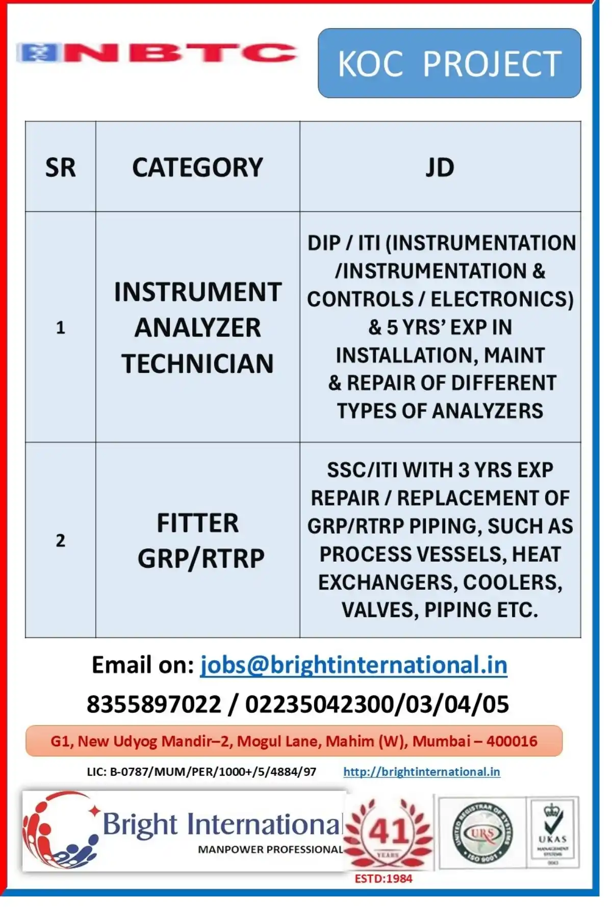 NBTC KOC Jobs: Analyzer Tech & GRP Fitter