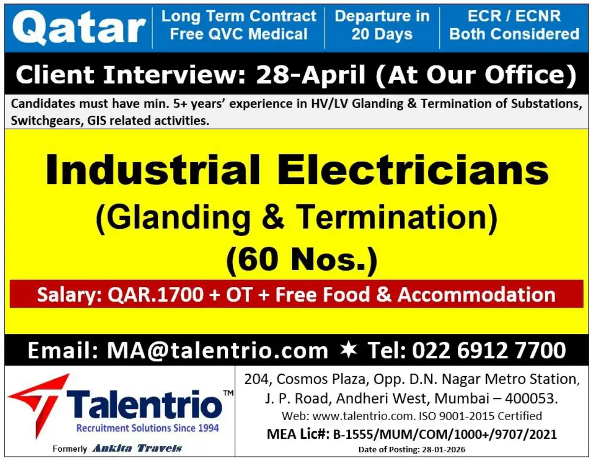Industrial Electricians Needed for Qatar